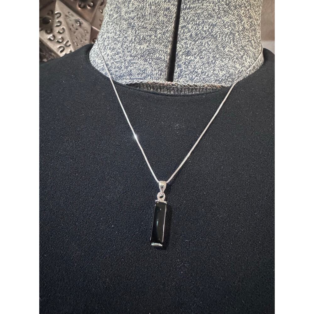 925 Sterling Silver Black Onyx Bar Pendant Necklace – Minimalist Vintage Style - Picture 2 of 8
